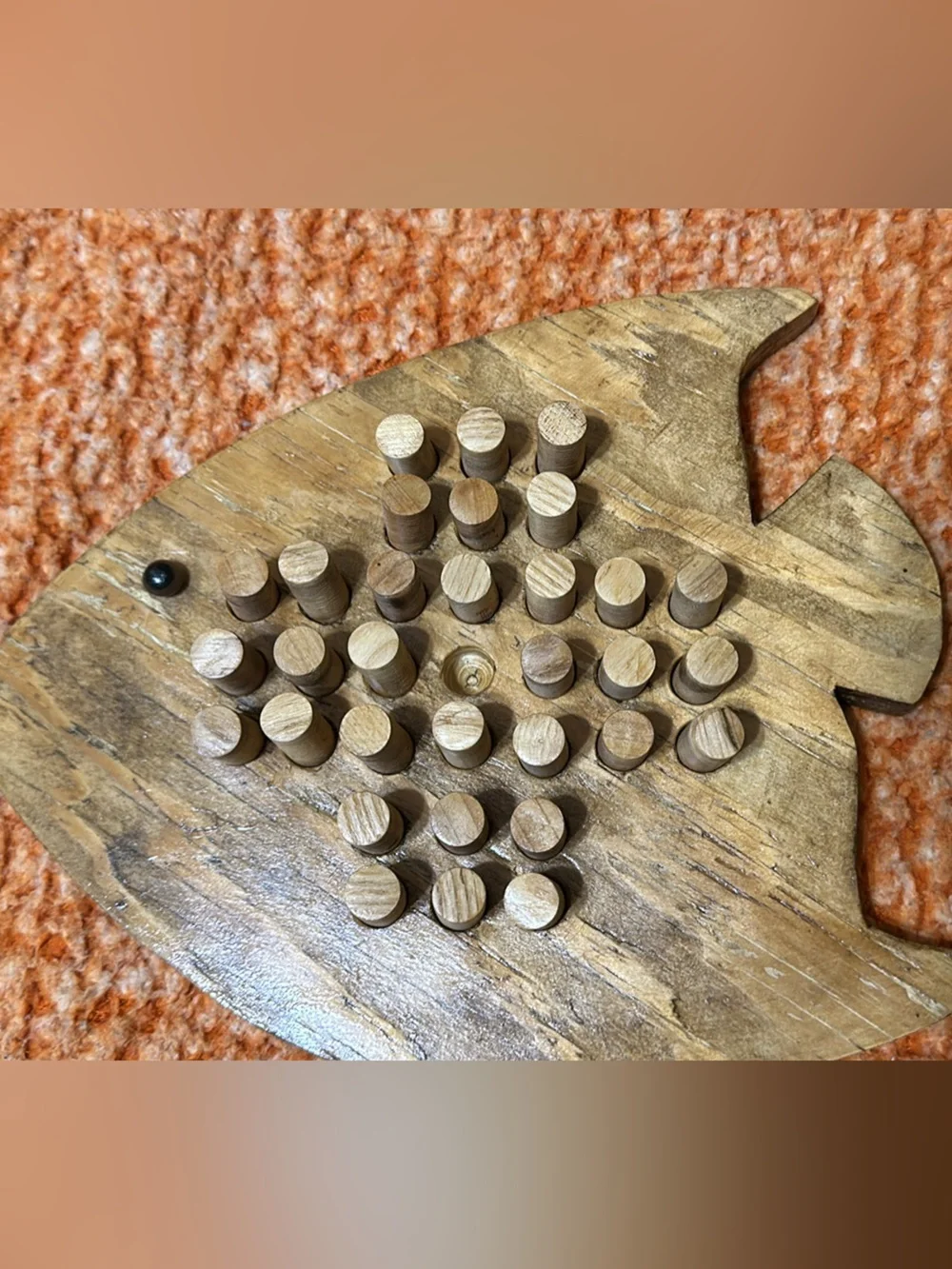 Handmade Wooden Fish Solitaire Peg Board Game with Magnetic Box Lid